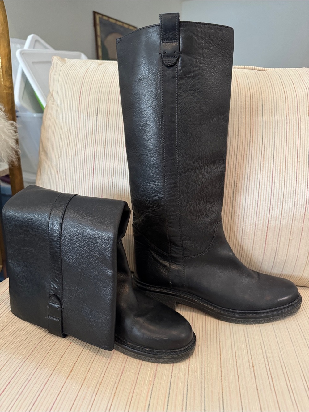 13” Tall Black Heavy Leather Moto /Riding Boots 8-1/2 with crepe sole